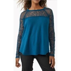 New ~ FREE PEOPLE ~ Women's Blue Sidney Embroidered Mixed Media Blouse Top Sz S